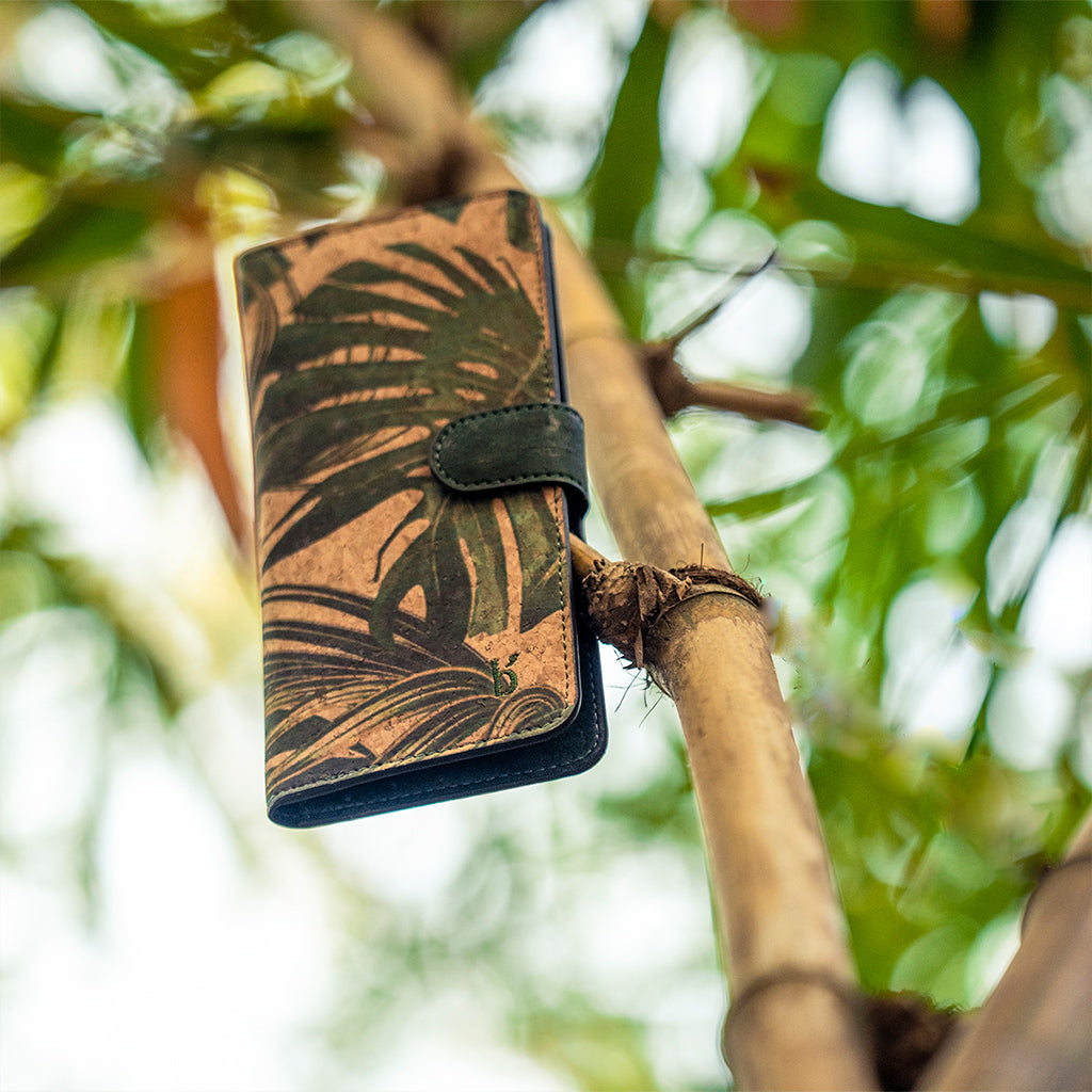 virya printed cork wallet jungle leaves mood shot